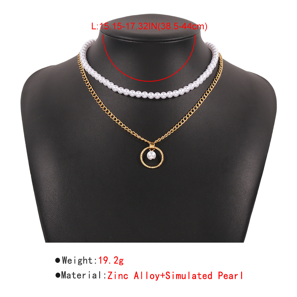 retro double-layer circle pearl pendant necklace