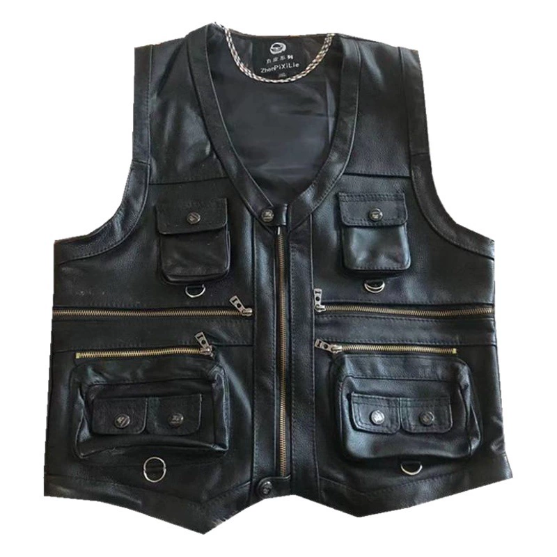 Весенне-Осенний жилет из натуральной кожи, Мужской зажим для лошади из овчины, кожаный жилет с верхним слоем для рыбалки на открытом воздухе, одинарный жилет с несколькими карманами
