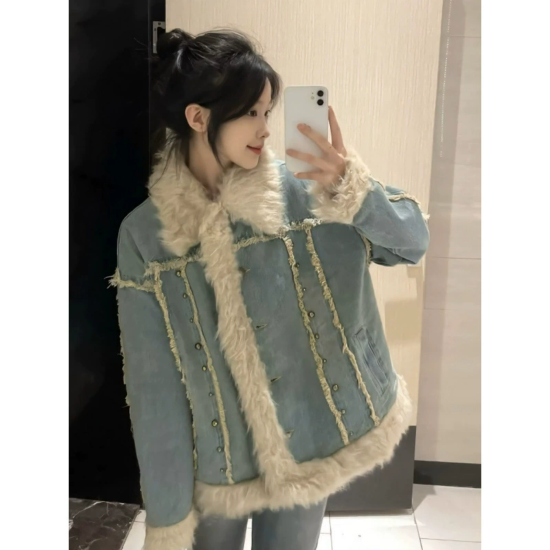Warm denim demi-season down jacket for students
