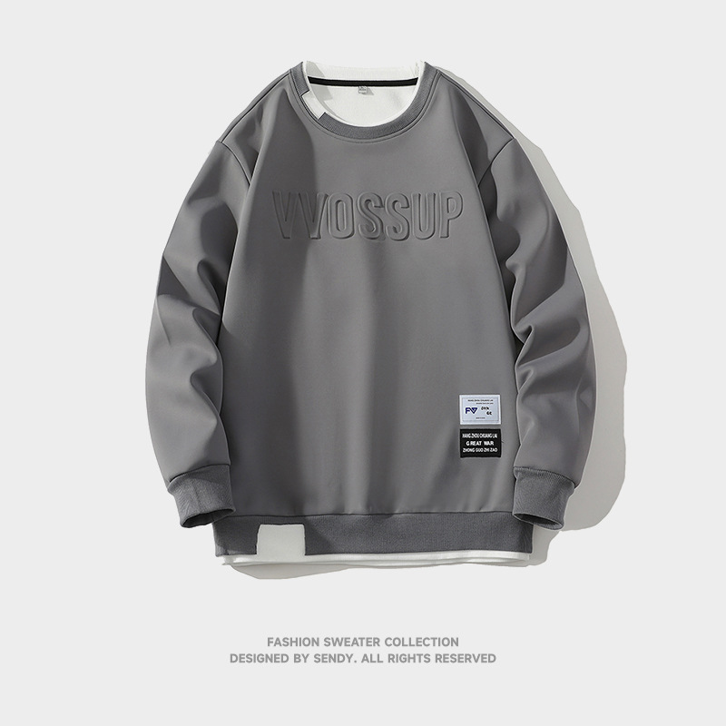 Weißes Sweatshirt für Herren, flach liegend, Frühling/Herbst, lässig, vielseitig, stylisch, langärmelig, für junge Leute_voghion.com