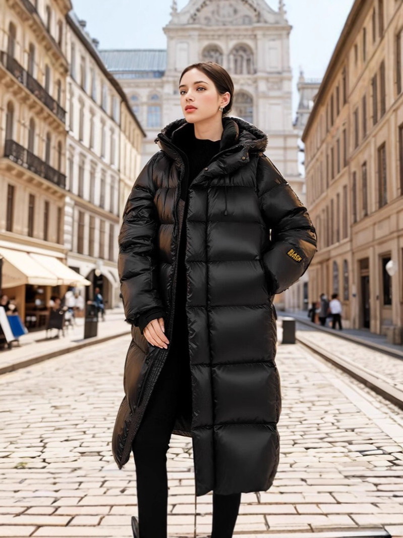 Pinghu abajo chaqueta mujer invierno mujer alta sensación media larga nuevo estilo negro oro coreano chaqueta de pato con capucha HD