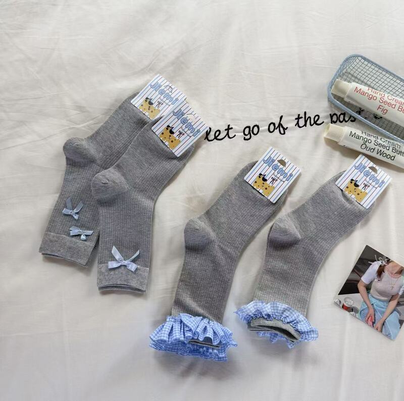 2025 Early Spring New Women's Socks Sweet Style Plaid Lace Color Matching Mid-Socks All-Match Stylisch Stylisch Stylisch Ins Stylisch