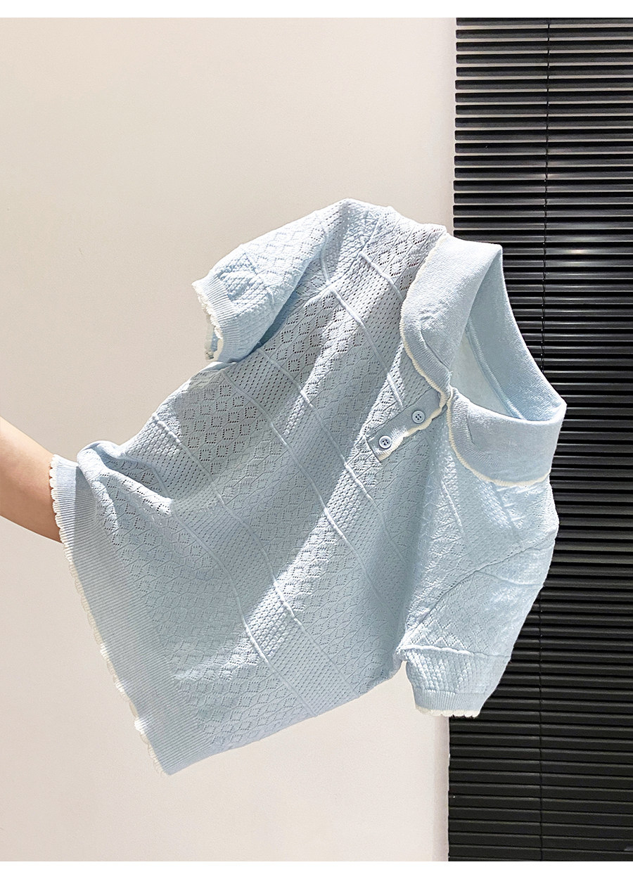 Áo thun tay ngắn dệt kim họa tiết rỗng phong cách thời trang — xanh lam chi tiết 7