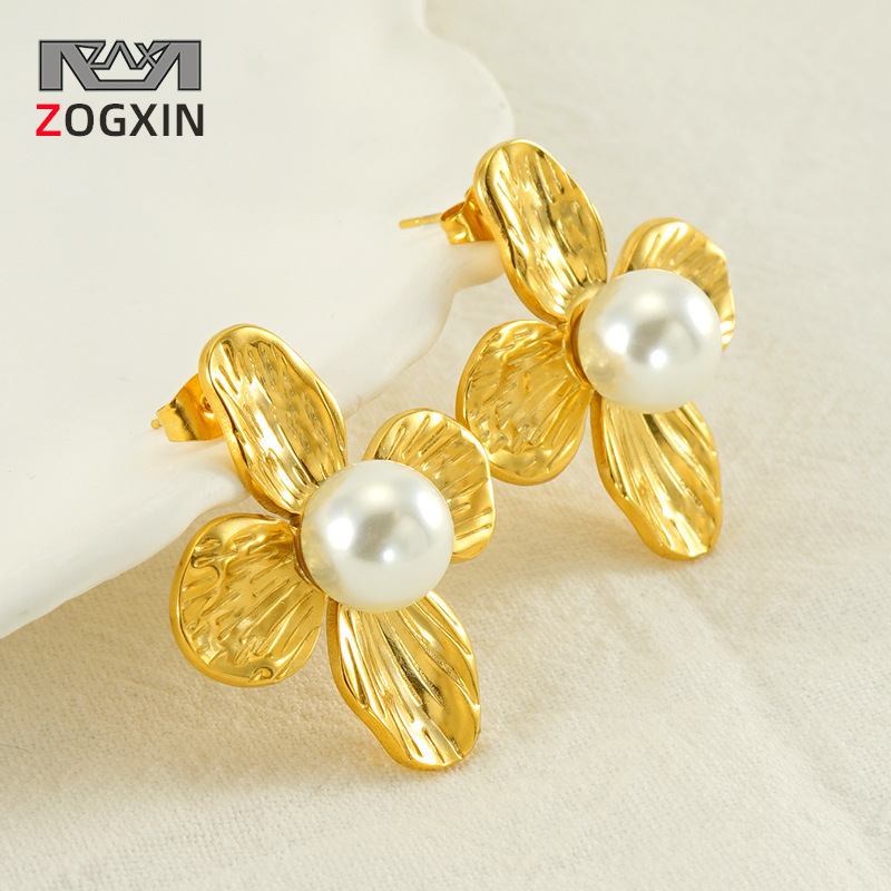 Autumn And Winter New Gold Large Petal Titanium Exaggerated Stainless Steel Pearl Stud Earrings_voghion.com