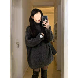 韩系慵懒风软糯高领中长款毛衣女秋冬季小个子高级感百搭宽松上衣