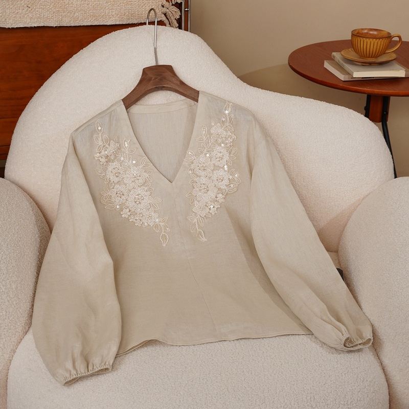 Anfiona 2026 New Beige Linen Beaded Embroidered V-Neck Lantern Sleeve Loose and Soft Women's Long-Sleeved Shirt