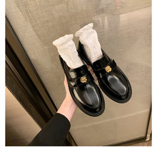 全牛皮~厚底山茶花jk小皮鞋女小金扣一脚蹬懒人配裙子真皮乐福鞋