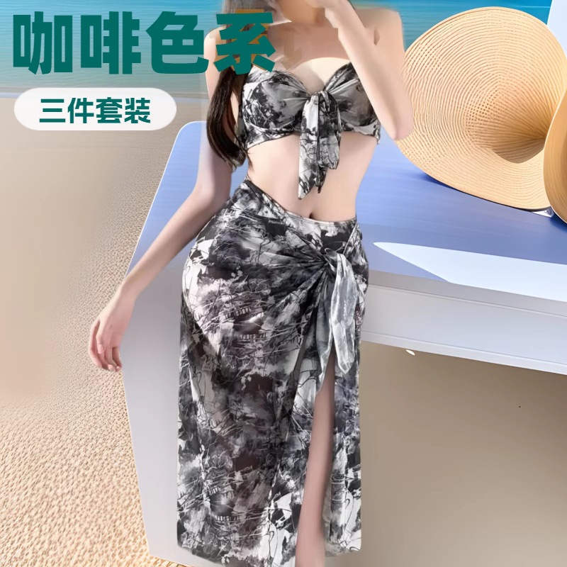 新款辣妹性感扎染钢托聚拢高腰遮肚纱裙分体游泳衣女比基尼bikini