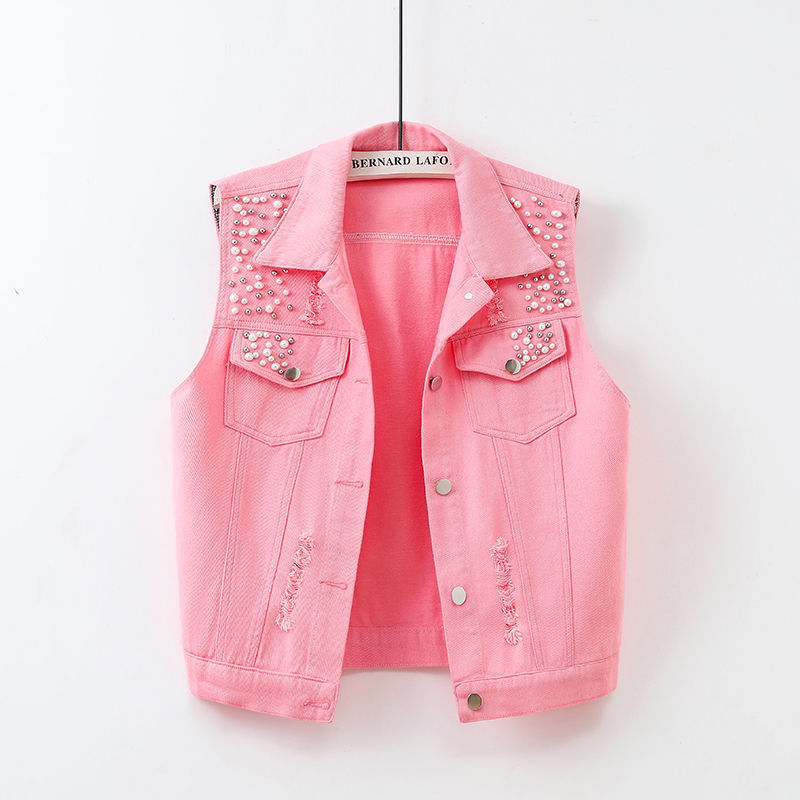 Multicolor Women's Vest New Spring and Summer Washed Ripped Beaded Sleeveless Jacket Slim Versatile Waistcoat Top Trendy
