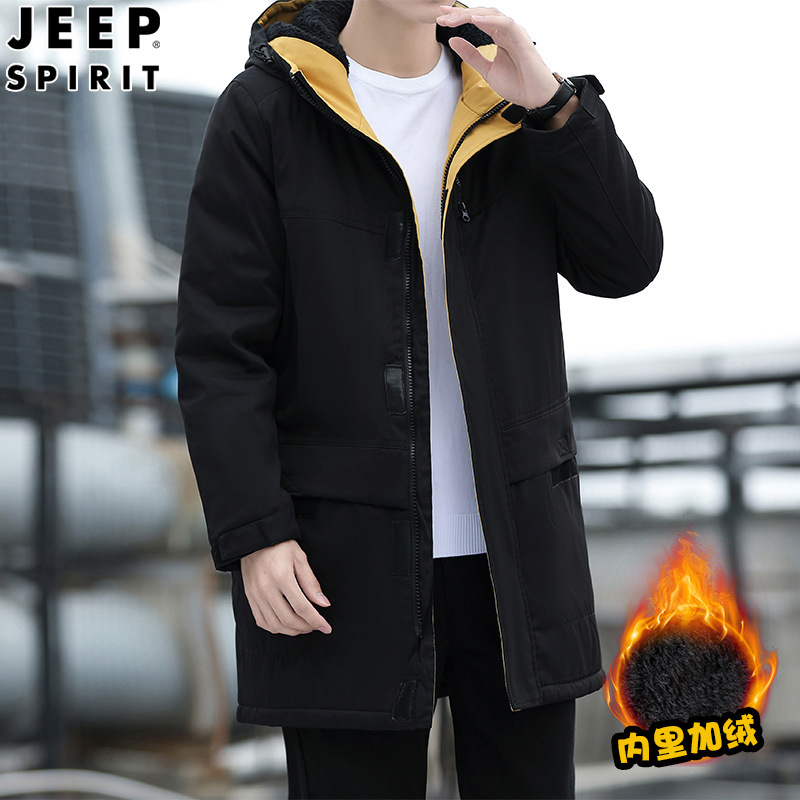 JEEP SPIRIT冬季加厚加绒外套男连帽中长款棉服青年男士棉衣潮流