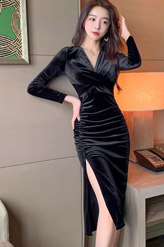 Gold Velvet Dress Autumn and Winter New Style Formal Occasion Long-Sleeved French Long Dress for Women