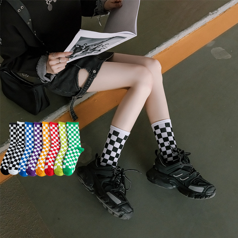 Chessboard socks women's tube trembles Net red ins little red book autumn and winter with Tide brand plaid socks women's socks wholesale
