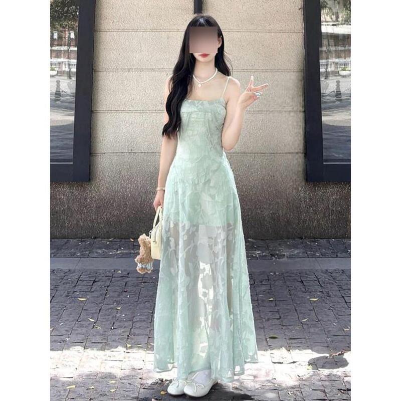 Casual Petite Light Green Spaghetti Strap Long Waist-Cinching Slimming Dress for Women, Summer Mesh Jacquard Holiday Style Dress
