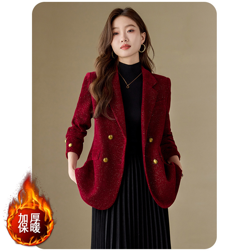 红色小香风西装外套女春秋夹棉厚款小个子气质休闲金丝绒西服上衣|undefined