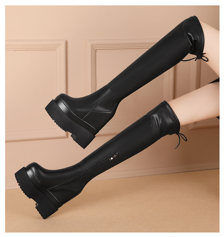 Boot nữ cổ cao quá gối đế dày gót bánh xốp 16 cm — Màu đen lót nhung mờ chi tiết 6