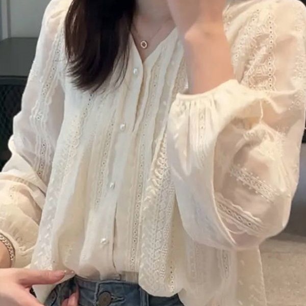 设计感小众蕾丝长袖衬衫秋装女2025年新款刺绣小衫打底衫法式上衣|undefined