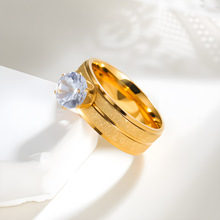 跨境欧美不锈钢饰品 六爪镶锆石女士戒指不锈钢电镀金色磨砂8MM宽