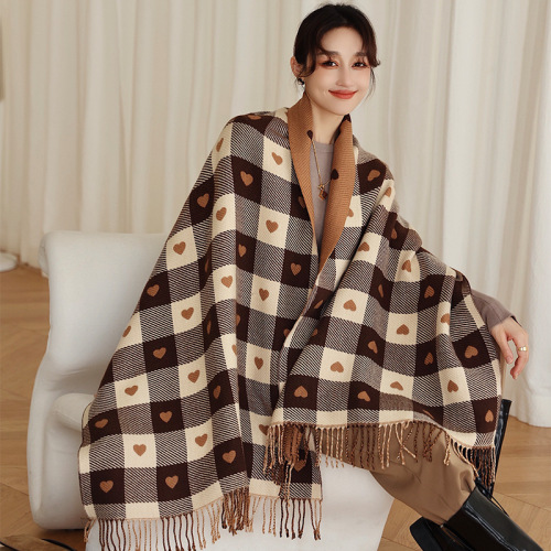 Tassel checkerboard warm love plaid imitation cashmere scarf for women winter Korean version core-spun yarn shawl scarf