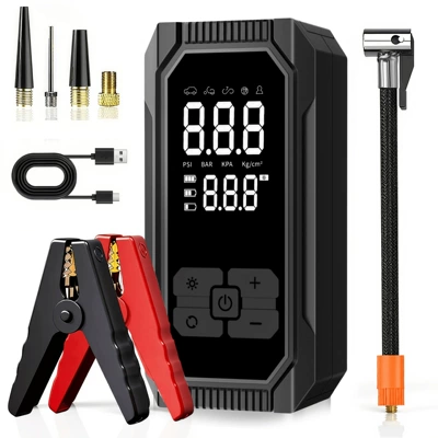 Car emergency jump starter and air pump combo, portable multi-functional digital display air pump for in-car use (Hava nasosu) - european-standard-enhanced-instant-start-version-power-bank-air-pump-dy-83-unlimited-displacement-heavy-duty-clamps