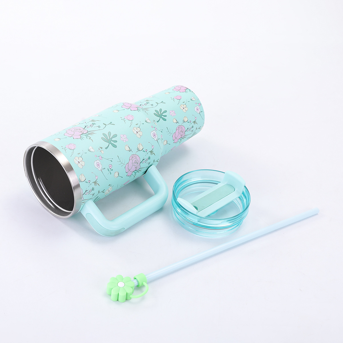 Vaso de Acero Inoxidable de 40 oz con Asa Floral, Gran Capacidad, Aislamiento al Vacío, Portátil para Exteriores con Pajita