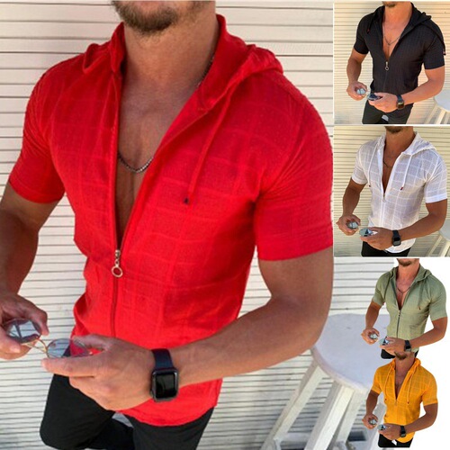New casual slim short sleeve zipper cardigan hoodie Colorful casual coat plaid coat