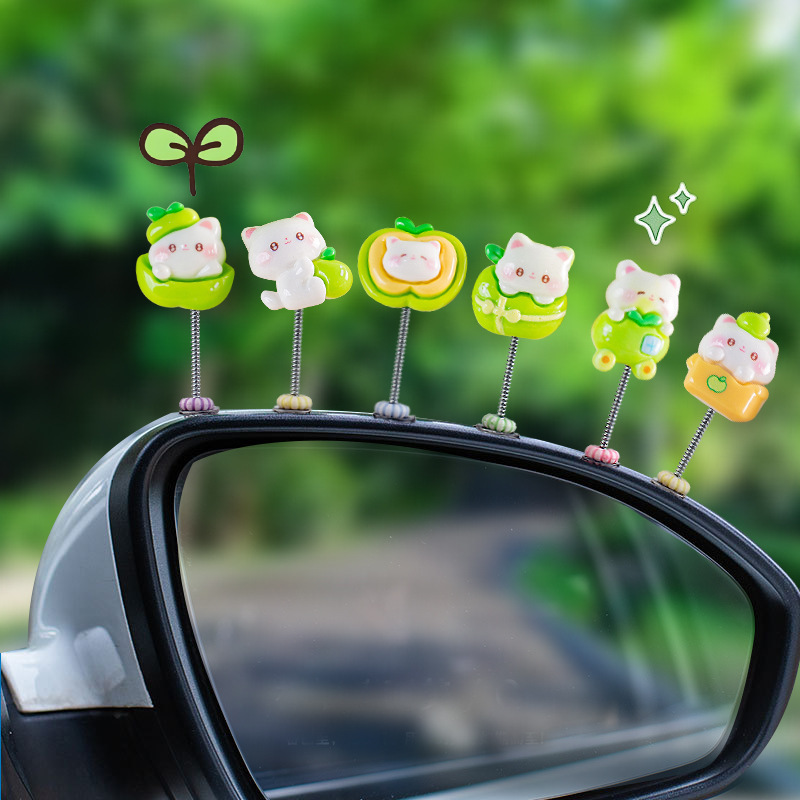 Lindo adorno de coche de gatito de manzana verde adorno de pantalla de navegación de consola central de coche de dibujos animados adorno de cabeza