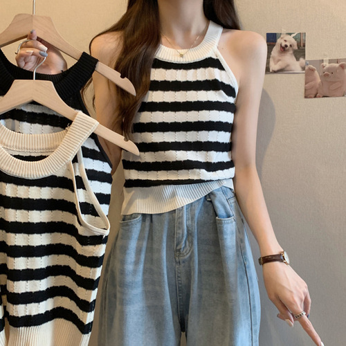 Black and white color block striped short halterneck camisole women's inner wear summer sweater sleeveless bottoming top