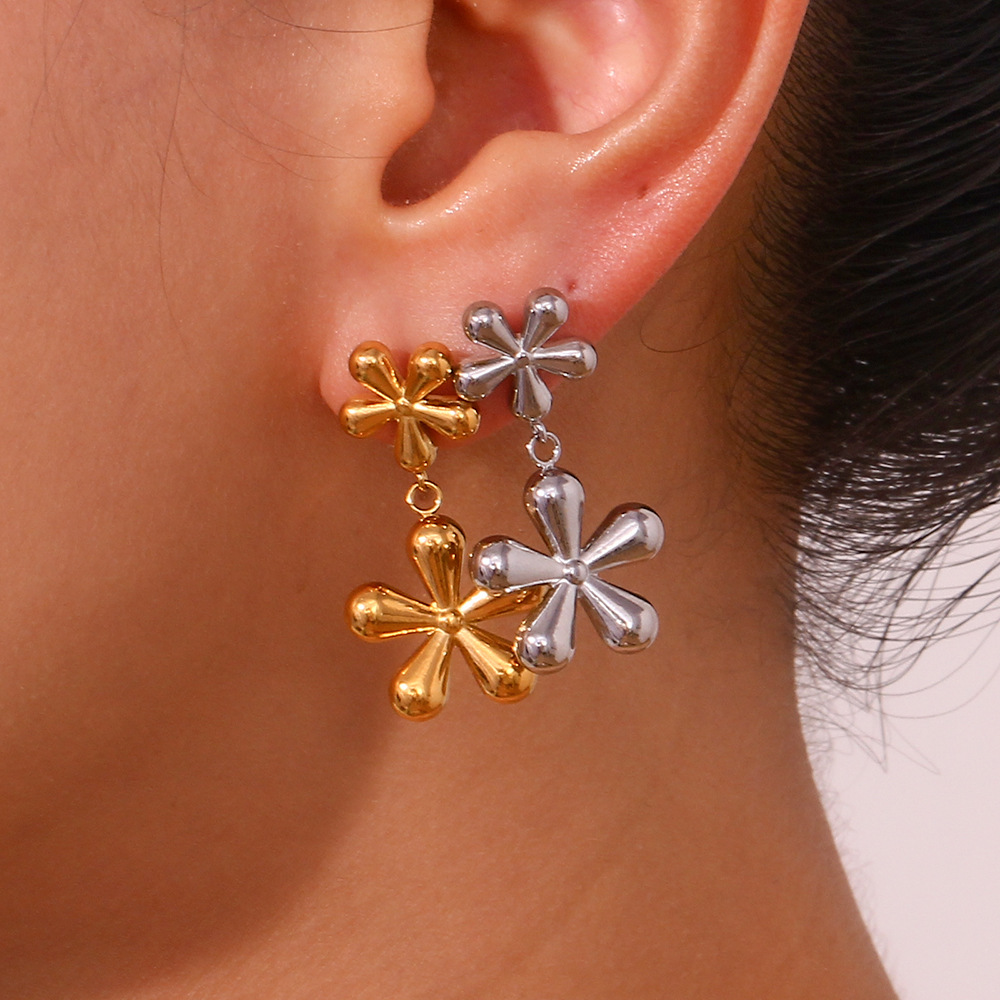 Two Small Flower Pendant Stainless Steel Earrings