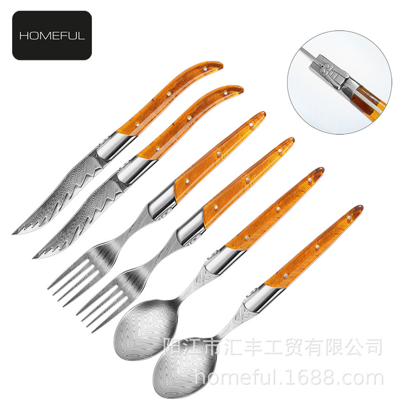 French-style La Giole Damascus pattern dinner knife, fork, and spoon stainless steel cutlery set French-style La Giole Damascus pattern dinner knife, fork, and spoon stainless steel cutlery set
