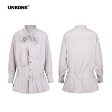 UNBDNS秋季新款撞色长袖款收腰显瘦翻领蝴蝶结宽松中长衬衫女