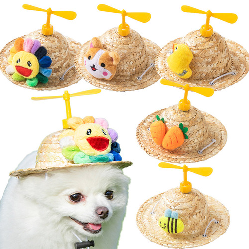 Pet Grass Hat Fashion Spring Pet Bamboo Dragonfly Hat Cat Sun Hat Medium and Large Dog Cute Photo Prop