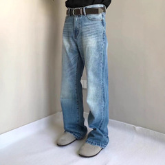 YYJ ”517水洗蓝vibe美式休闲cleanfit宽松微喇做旧浅色牛仔裤