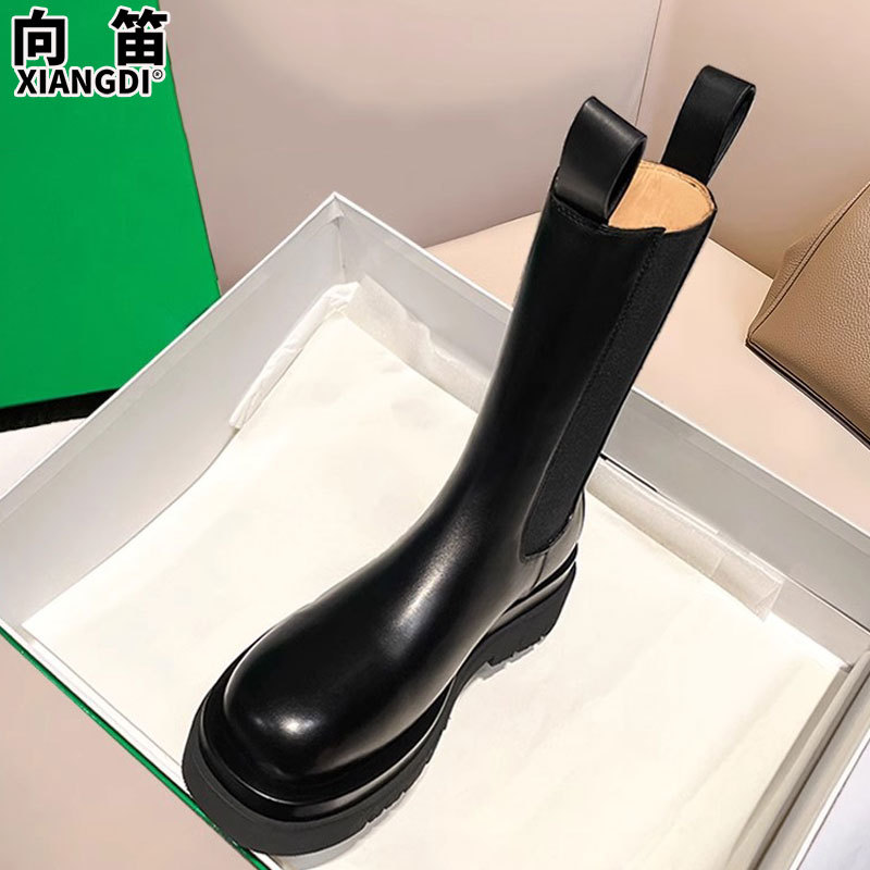 First-Layer Cowhide Chimney Boots Thick-Soled Heightening Boots Women's 2025 New Autumn and Winter Mid-Calf Boots Chelsea Short Boots