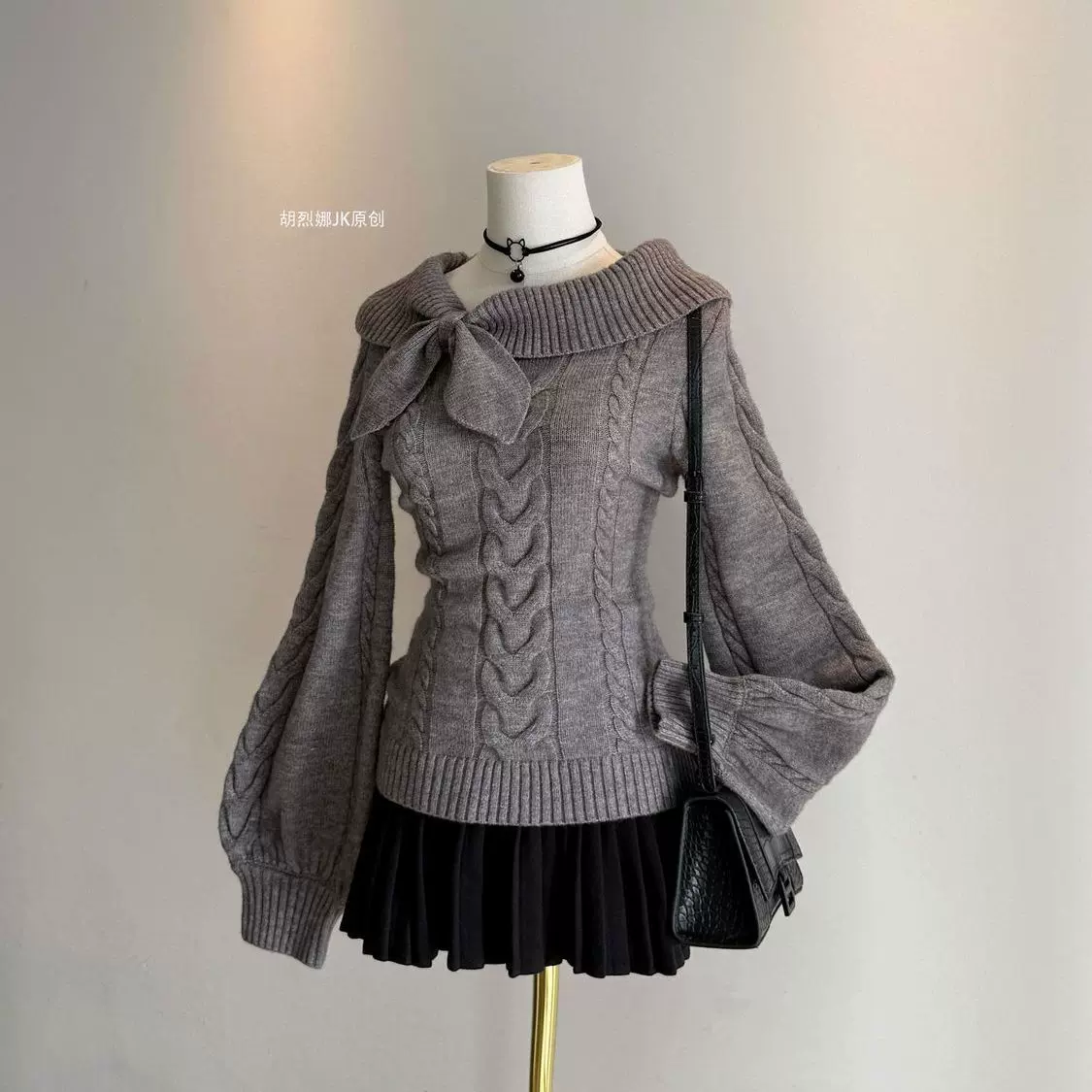 奈奈风兔耳结针织衫收腰毛衣女秋冬套头显瘦学院风jk毛线裙子套装