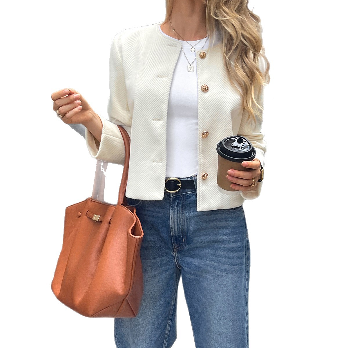 Women's Short Jacket Round Neck Top Spring Summer Outerwear_ecoleips.com