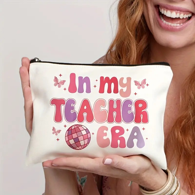Bolsa de cosméticos Temu rosa con letras de lino, estampada por ambos lados, bolsa de almacenamiento multifuncional con cremallera para mujer, moderna y práctica.