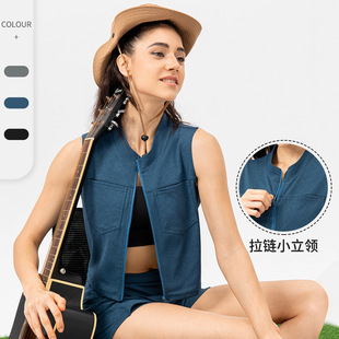 Women's Sports Vest Fitness Clothing Zipper Breathable Quick-Drying Stand-Up Collar Sleeveless Vest Imitation Denim Yoga Top 22616