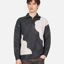 跨境秋冬黑白撞色半拉链毛衣男ins宽松小高领针织衫拉链男生卫衣