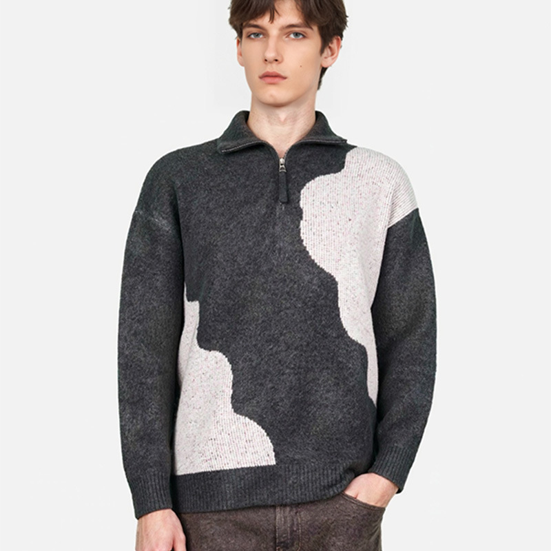 跨境秋冬黑白撞色半拉链毛衣男ins宽松小高领针织衫拉链男生卫衣