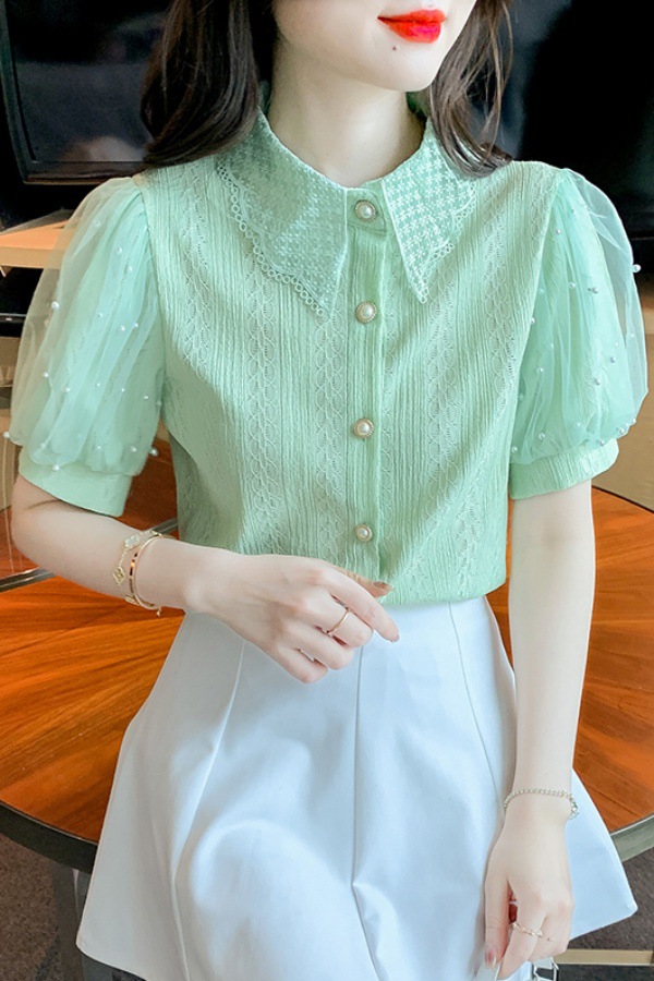 Camicetta da donna in pizzo con maniche a palloncino in rete con perline, cardigan estivo a maniche corte, top trasparente casual, abbigliamento da strada alla moda_voghion.com