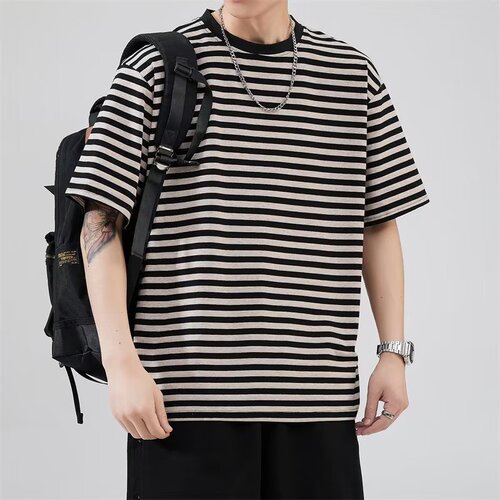 Striped pure cotton versatile niche design light mature style short-sleeved T-shirt handsome Korean style casual tops