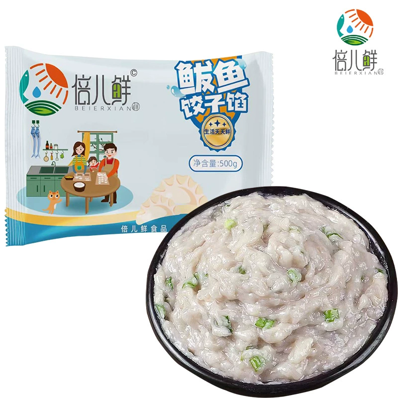 Готовая продукция: свежая начинка для пельменей из скумбрии Bohai Sea, начинка для пельменей из морепродуктов, свежая начинка из скумбрии Bohai Sea в пакетиках, вкусно приправленная.