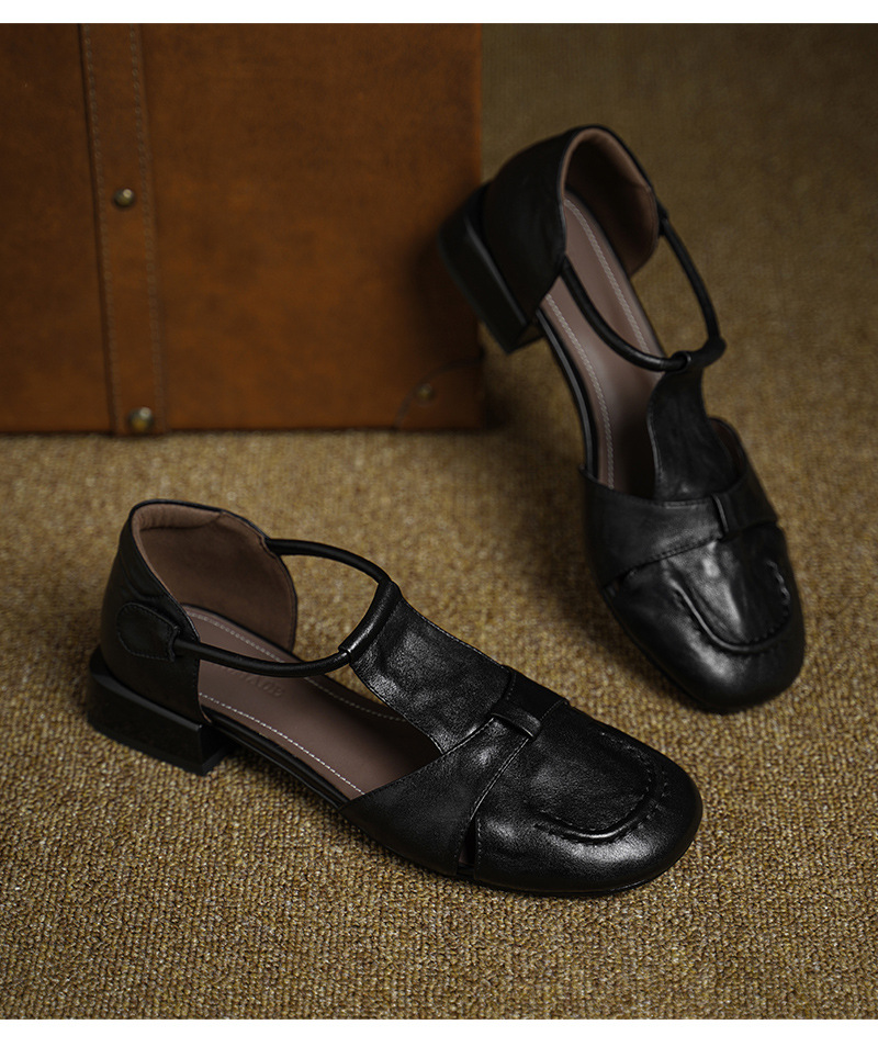 Dép sandal nữ da bò kiểu retro quai chữ T, mũi kín, gót thấp — màu nâu chi tiết 13