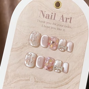 [Andromeda] pure hand-worn armor flash cat's eye hand-painted bow naked powder white nail art patch short armor
