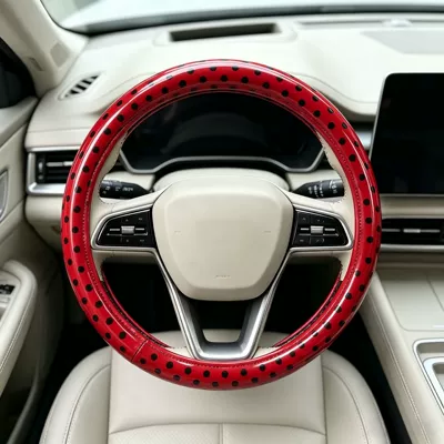 Cross-Border Amazon Wholesale Car: Steering wheel cover - pu-leather-red-bottom-black-polka-dots-universal-style-38cm