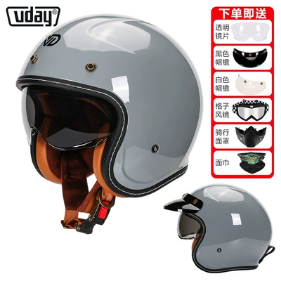 Electric Motorcycle Daily Commuting Safety Helmet Half Helmet for Men and Women American Retro Cruise Scooter Riding Safety Helmet (Motosiklet kaskı (dəbilqə)) - va-1-glossy-cement-gray-comes-with-lenses-brim-black-goggles-mask-face-towel-m-head-circumference-53-54cm