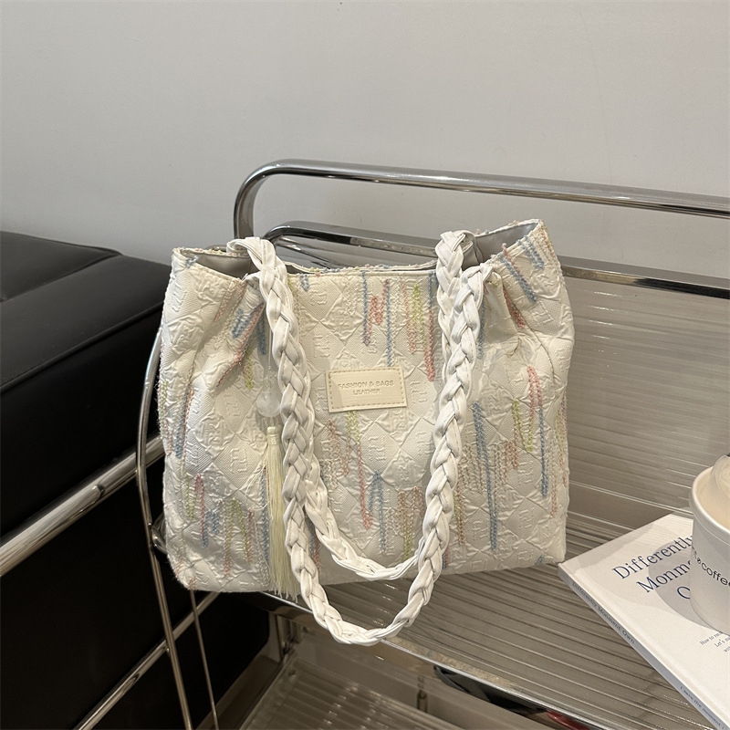 Bolsa de lona bordada a rayas de gran capacidad para mujeres 2024, nueva bolsa de hombro para estudiantes universitarios de clase