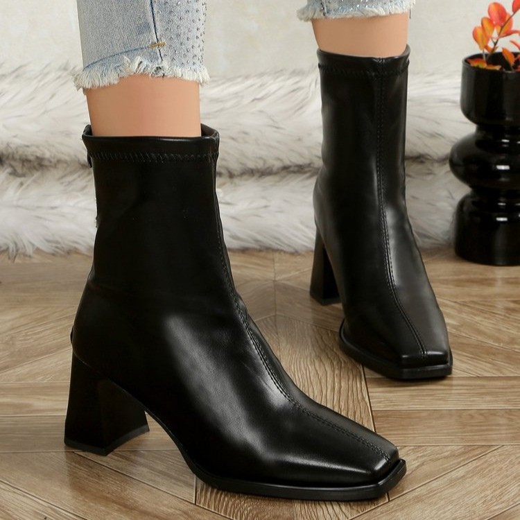 Dameslaarzen met vierkante neus, afslankende hoge hakken, dikke hak, elastische taille, modieus, plus size, nieuwe winterstijl_voghion.com