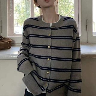 美式复古长袖条纹针织开衫女秋冬新款休闲简约毛衣女外套上衣ins