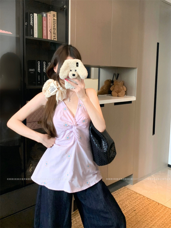 フレンチパープル刺繍Vネックホルターネックキャミソールレディース夏ノースリーブウエストシャツデザインアウタートップ|undefined